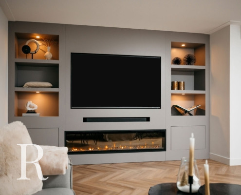 Taupe cinewall met sfeerhaard