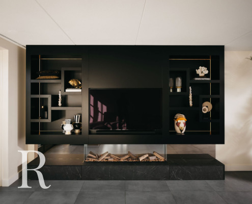 Zwarte cinewall met sfeerhaard Zwarte cinewall met sfeerhaard