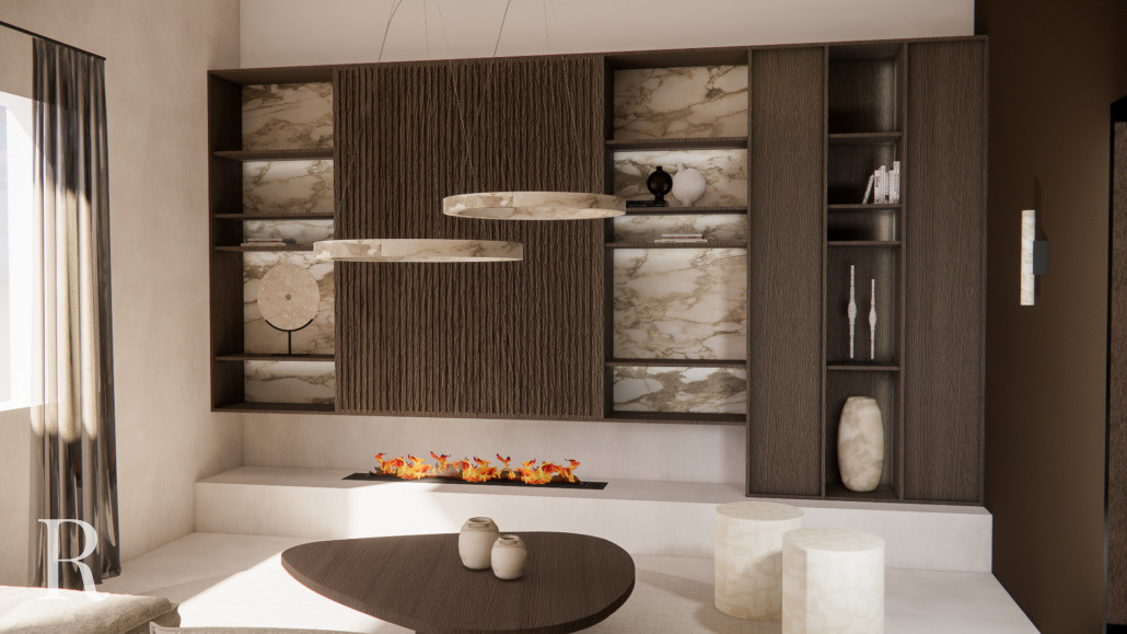 Grijze cinewall met kastombouw