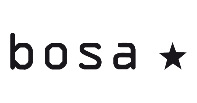 De afbeelding toont het woord bosa in een modern, geometrisch lettertype, gevolgd door een effen zwart stersymbool, allemaal op een witte achtergrond.