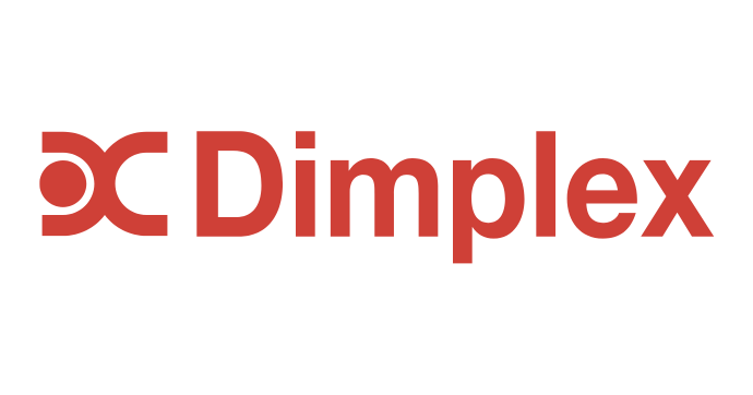 Het Dimplex-logo heeft links een gestileerd rood embleem dat lijkt op twee gespiegelde C-vormen, gevolgd door het woord Dimplex in vette rode letters op een witte achtergrond.
