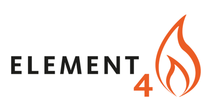 De afbeelding toont het woord ELEMENT in zwart, gevolgd door een oranje nummer 4 en een oranje vlamvormig logo op een witte achtergrond.