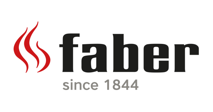 Faber logo met drie rode vlamachtige vormen aan de linkerkant en het woord faber in vette zwarte letters ernaast. Daaronder staat in grijs sinds 1844.