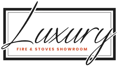 Logo voor Luxury Fire & Stoves Showroom met Luxury in groot, elegant scriptlettertype en FIRE & STOVES SHOWROOM in kleinere, rode hoofdletters, alles binnen een zwarte rechthoekige rand.