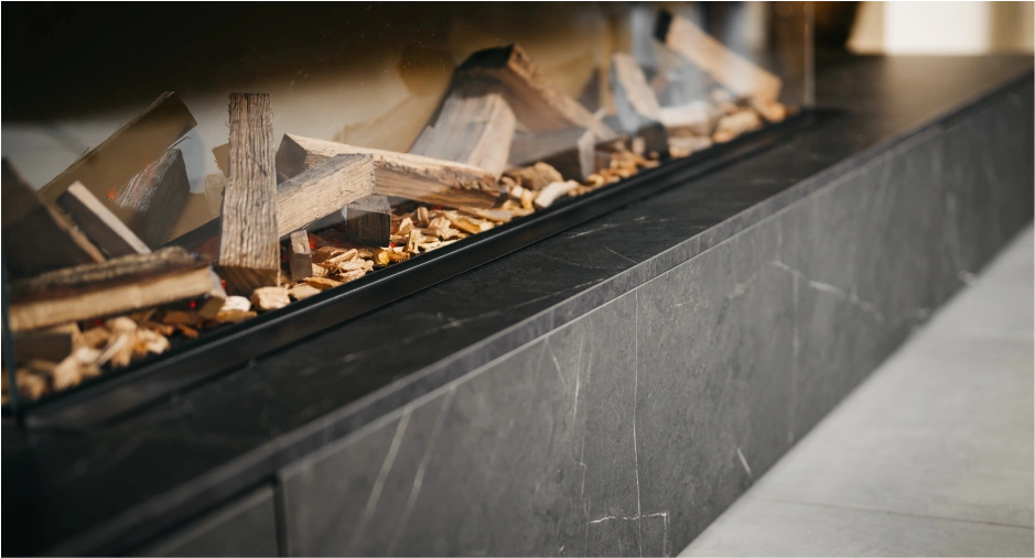 Close-up van een moderne open haard met een basis van zwarte steen, met daarin gerangschikte houten houtblokken en houtsnippers achter een glazen scherm.