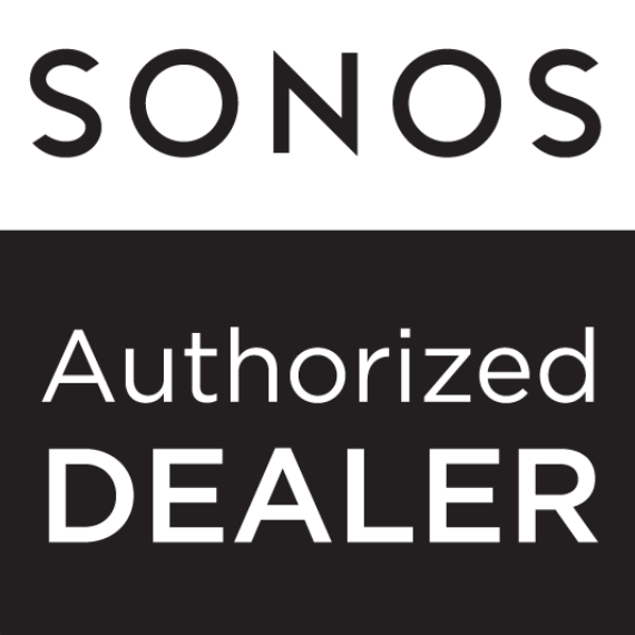 Sonos Authorized Dealer-logo met SONOS in vette letters boven de woorden Authorized DEALER op een zwarte achtergrond.