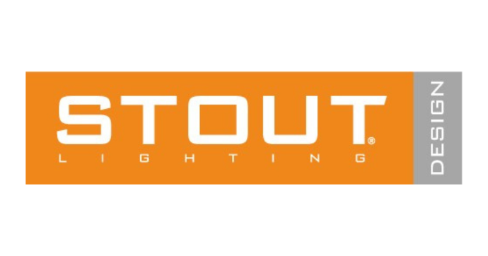 Het logo van Stout Lighting met "STOUT LIGHTING" in witte tekst op een oranje achtergrond en "DESIGN" in witte verticale tekst op een grijze balk rechts.