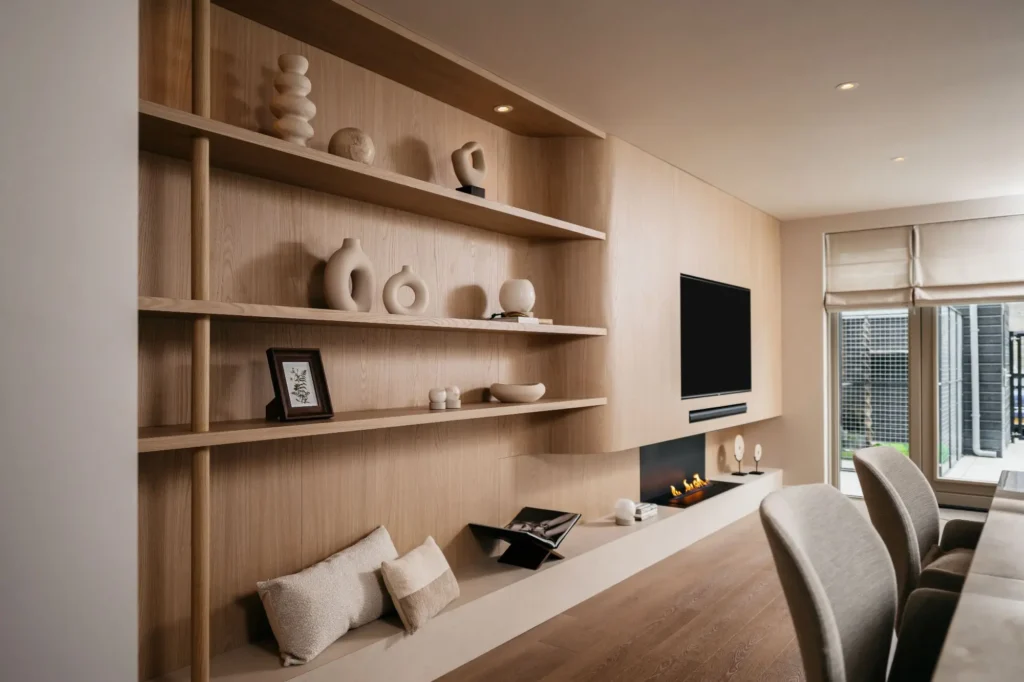 Een moderne japanse woonkamer met ingebouwde lichthouten planken, minimalistische inrichting, een cinewall met een tv aan de muur en een lineaire gashaard, neutraal getinte meubels en grote ramen met stoffen jaloezieën.