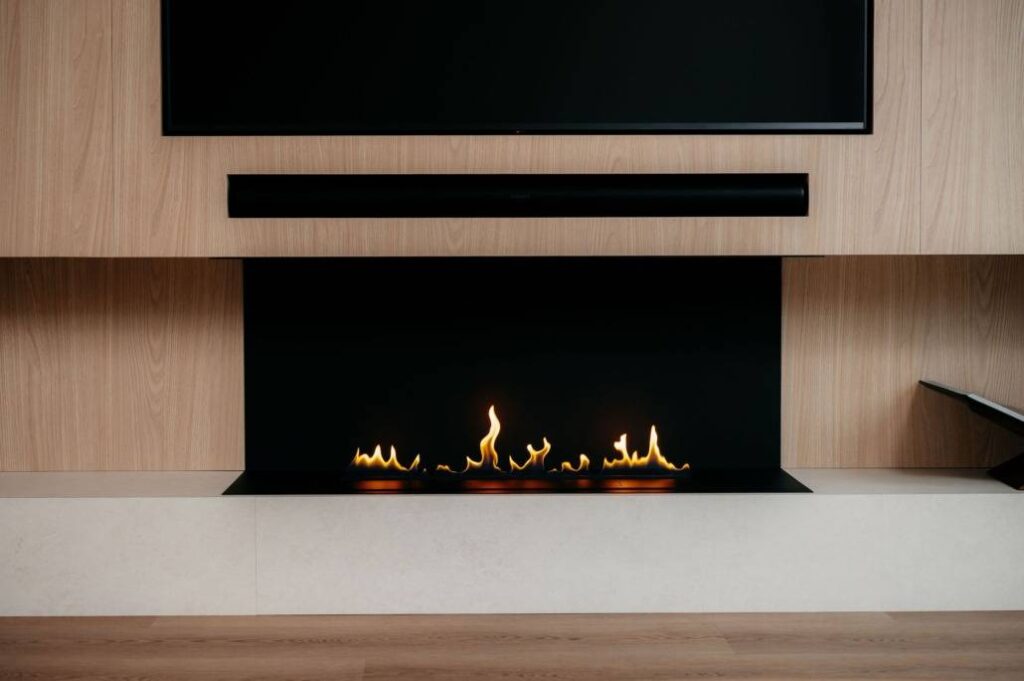 Moderne open haard met een strakke zwarte rand ingebouwd in een houten wand, met daarboven een flatscreen tv en soundbar gemonteerd. De haard heeft strakke, minimalistische vlammen en creëert een gezellige en eigentijdse sfeer.