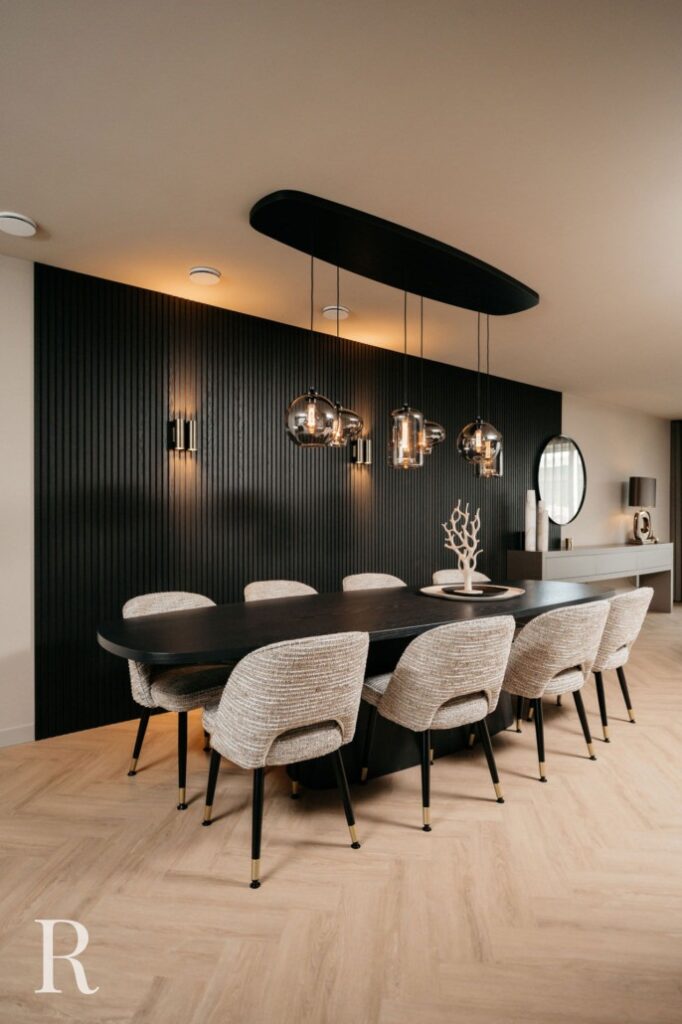 Een moderne eetkamer heeft een lange zwarte tafel met acht gestoffeerde stoelen, hanglampen erboven, een accentmuur met zwarte textuur en een minimalistische inrichting in neutrale tinten. Op de tafel staat een decoratief middenstuk.