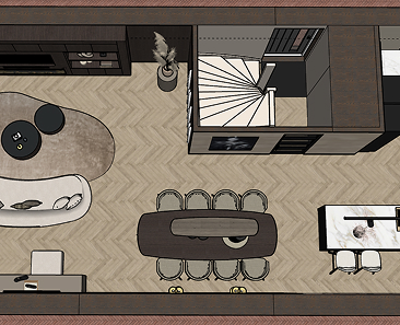 Een bovenaanzicht van een moderne open leefruimte met een bank, salontafel, eettafel met acht stoelen, keukenhoek met twee barkrukken en een trap in de hoek.