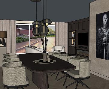 Een moderne eetkamer met een donkerhouten tafel, acht gestoffeerde stoelen, hanglampen, grote ramen, een open haard, ingebouwde planken en een zwart-wit portret aan de muur. Buiten is een tuin zichtbaar.