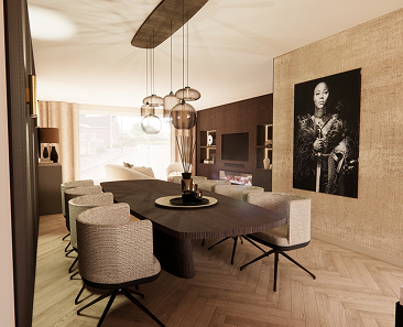 Moderne eetkamer met een donkere ovale tafel, acht gestoffeerde stoelen, hangende glazen hanglampen en een zwart-wit portret aan de muur. Groot raam laat natuurlijk licht binnen. Neutraal en aards kleurenpalet.