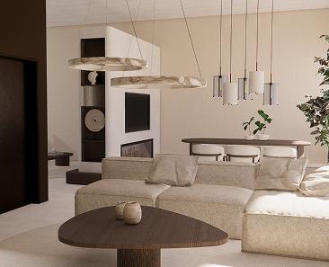 Moderne woonkamer met beige sofa, ronde houten salontafel, hanglampen, tv aan de muur en een eethoek met gebogen stoelen en een plant op de achtergrond. Neutrale tinten creëren een gezellige, elegante sfeer.