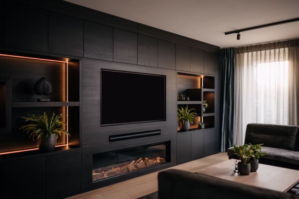 Een moderne woonkamer met donkere ingebouwde planken, een tv aan de muur, een elektrische open haard, planten in potten en natuurlijk licht door transparante gordijnen.