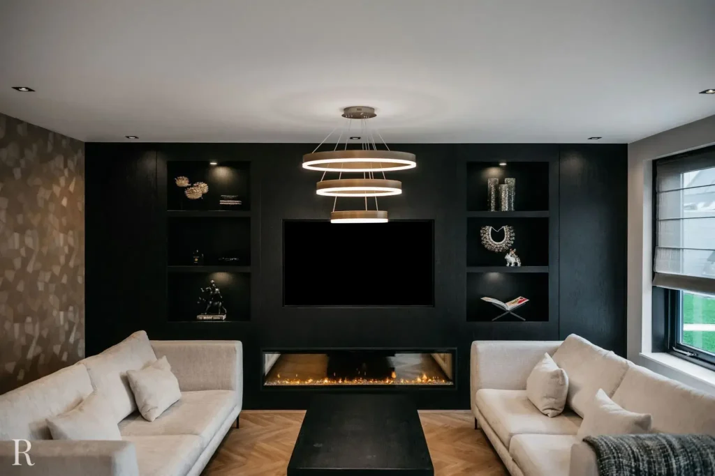 Moderne woonkamer met twee beige sofa's tegenover een zwarte accentmuur, met een grote tv, ingebouwde planken met decor, een lineaire elektrische open haard en een moderne ronde kroonluchter. Natuurlijke lichtinval door een raam aan de rechterkant.