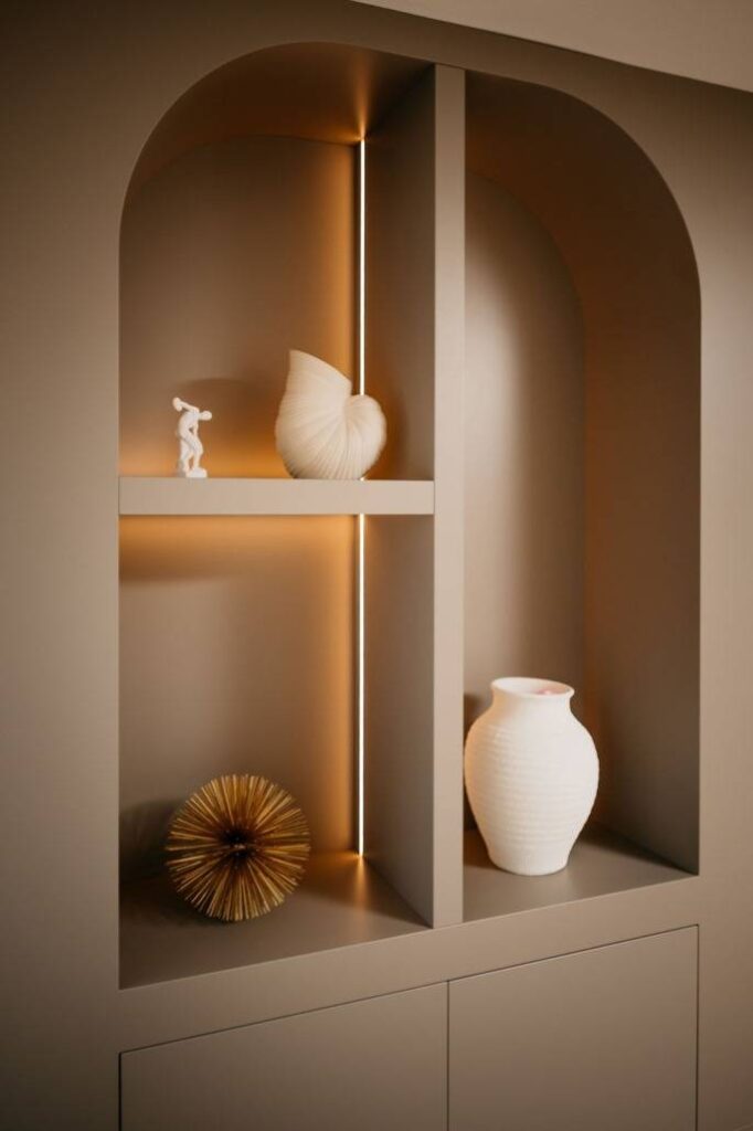 Een modern, ingebouwd beige rek met warme verlichting toont decoratieve voorwerpen: een klein beeldje, een schelpvormig object, een rond stekelig ornament en een witte keramieken vaas.